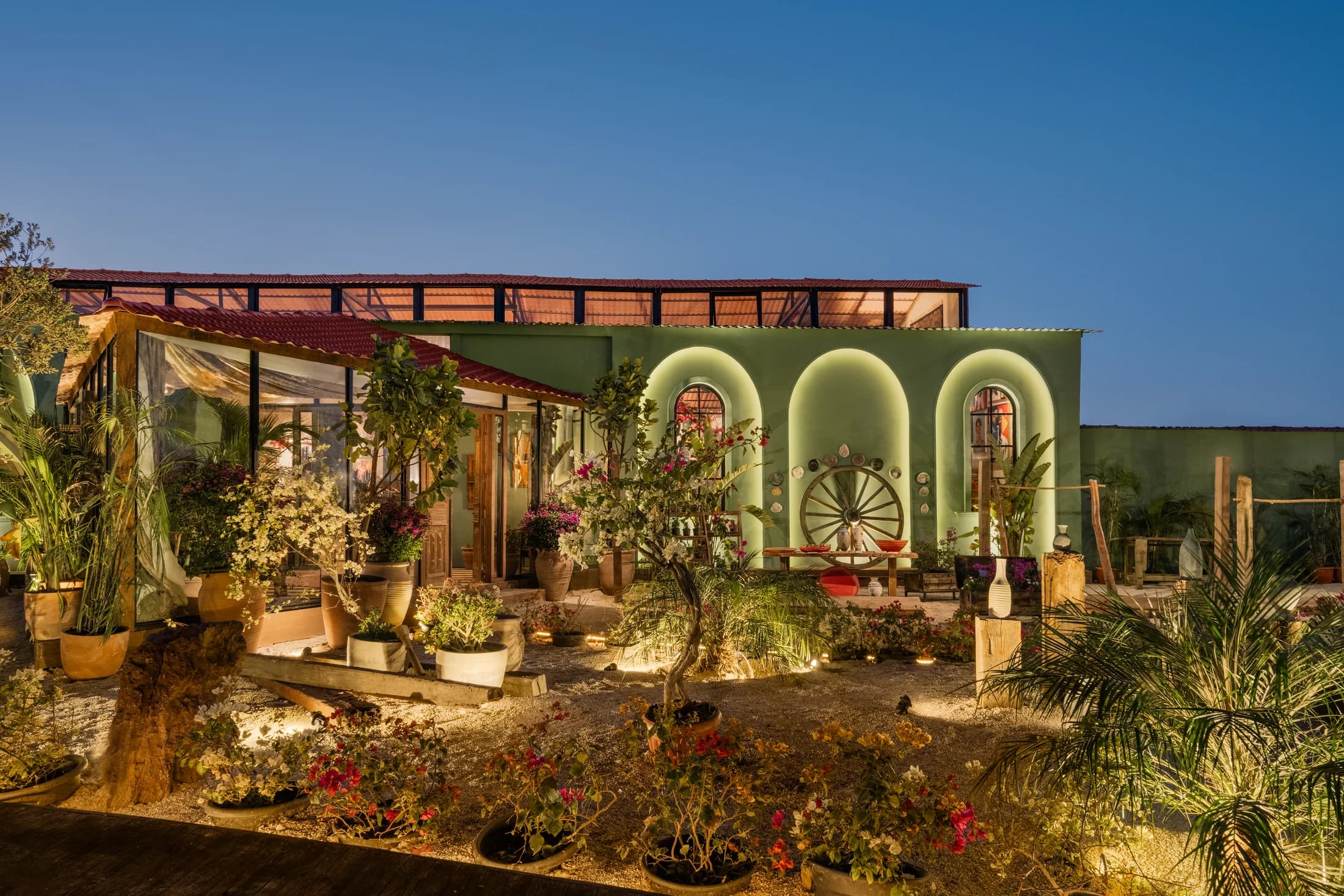 Babbo's planted exterior and illuminated arches at dusk