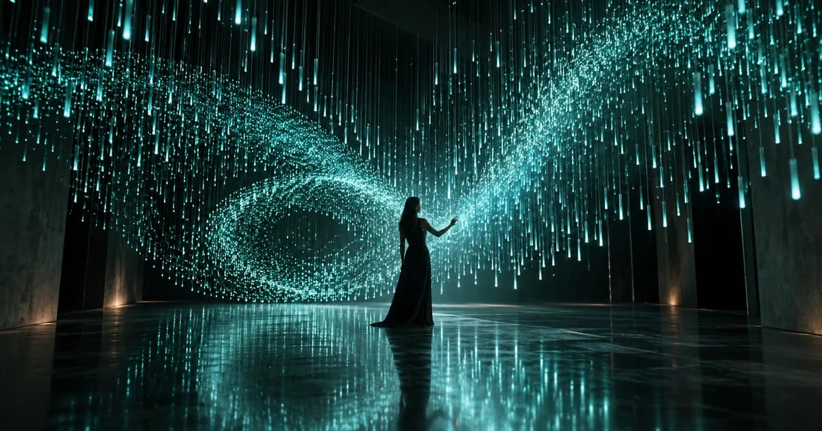 A guest stands beneath a flowing canopy of teal light rods in a dark interactive gallery concept.