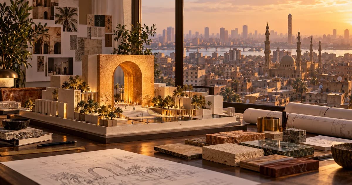 A Cairo-inspired studio displays an amber-arch activation model, material samples and architectural plans.