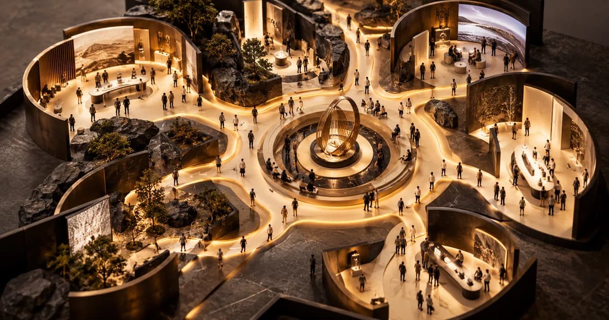 An architectural event model maps amber visitor paths between demonstrations and a central gathering space.