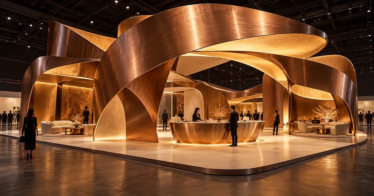 Sweeping copper ribbons frame an open exhibition stand with a demonstration counter and seating niches.