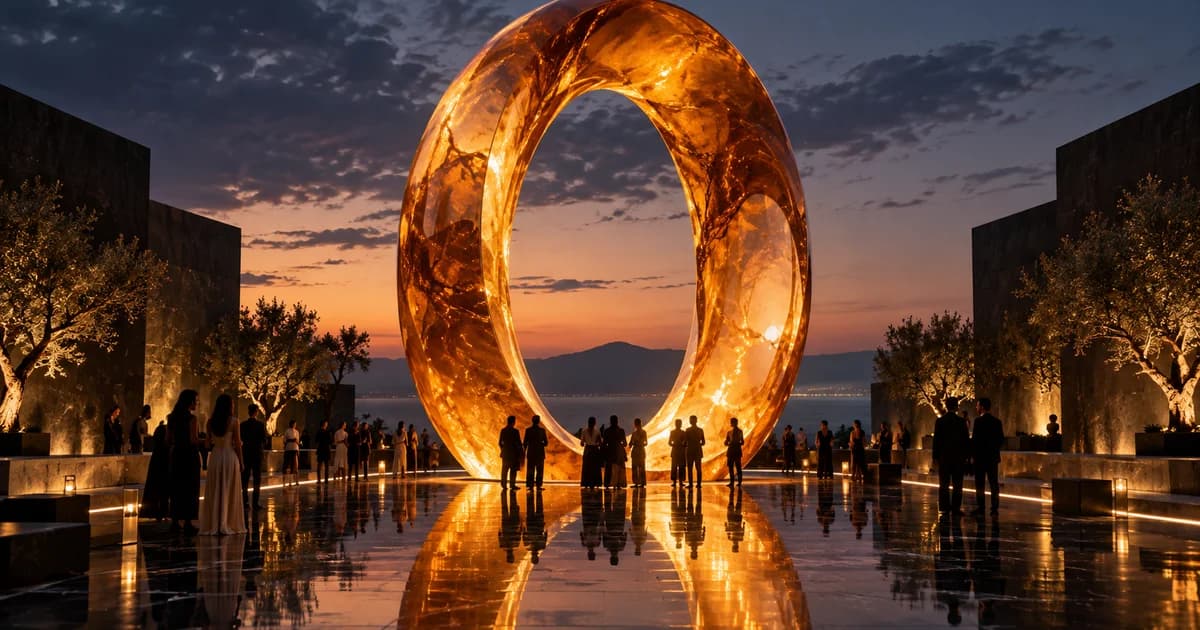 Guests gather beneath a monumental amber light installation in a reflective courtyard at dusk.