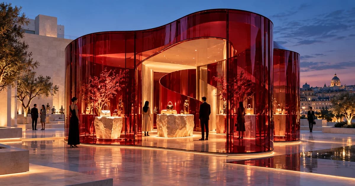 A glowing crimson glass pop-up boutique sits in a pale urban plaza at blue hour.