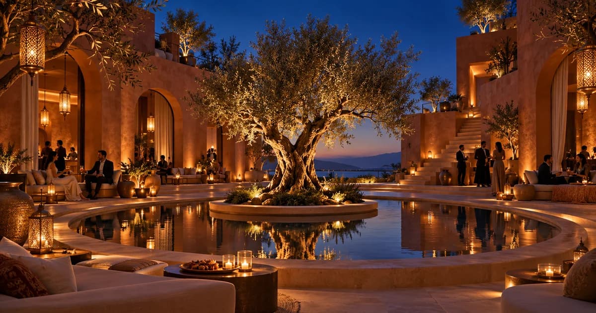 Warm lanterns illuminate a terracotta courtyard, an olive tree and a circular reflecting pool at dusk.