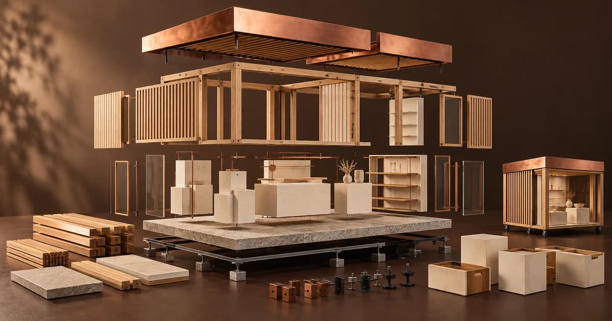 An exploded pop-up shop model separates its timber frame, copper canopy, displays and stone base.